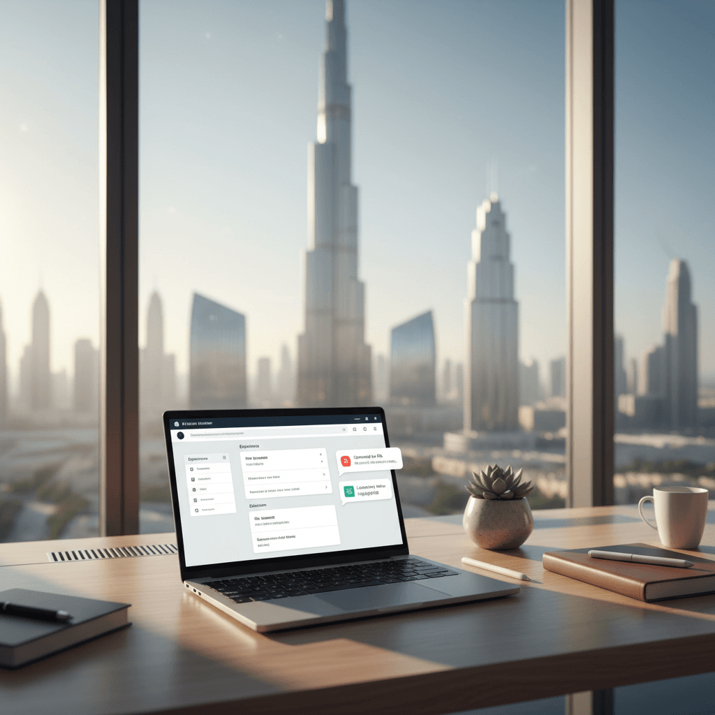 Modern office in Dubai with professional using AI tools