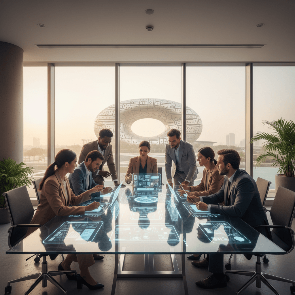 Diverse professional team collaborating in a Dubai boardroom