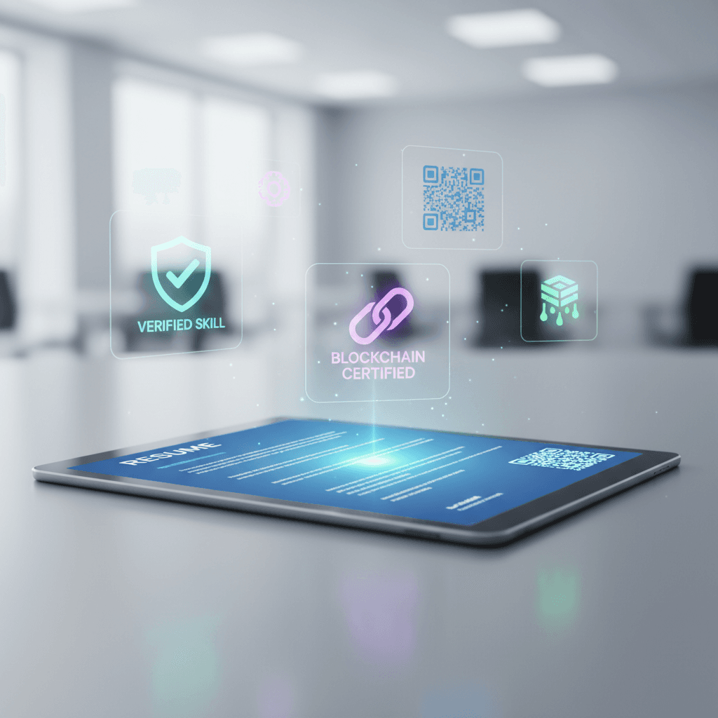 A digital resume with a QR code and verified badges