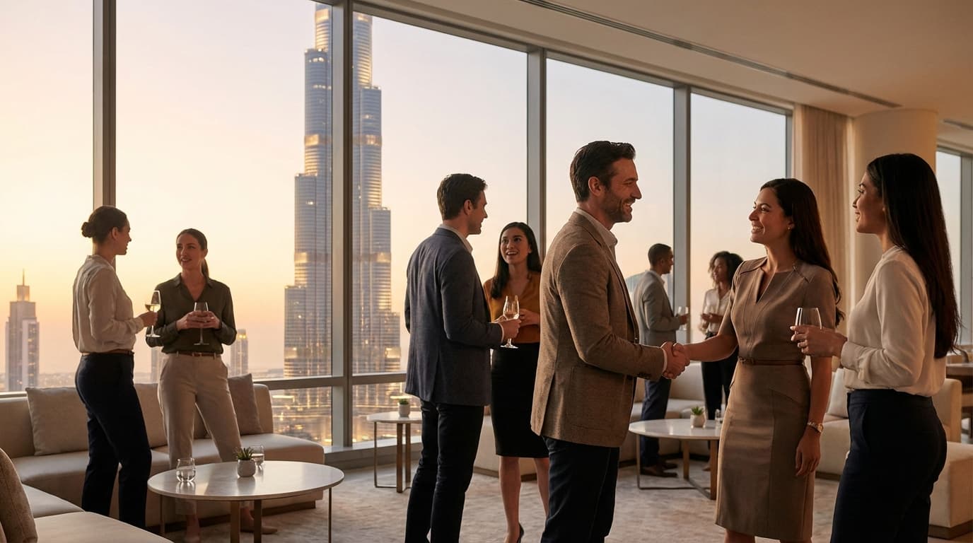 Two professionals talking in a modern Dubai office setting