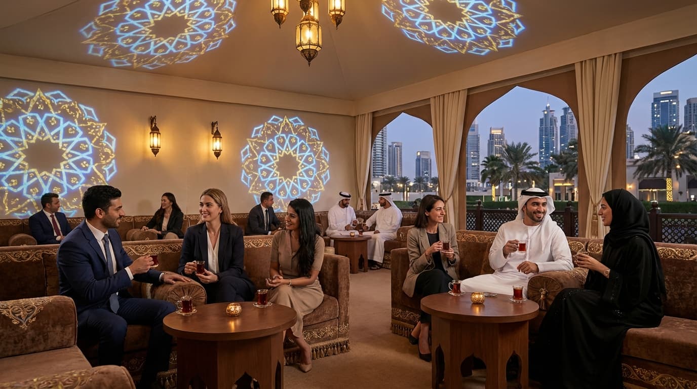 Business professionals networking at a Ramadan Suhoor event