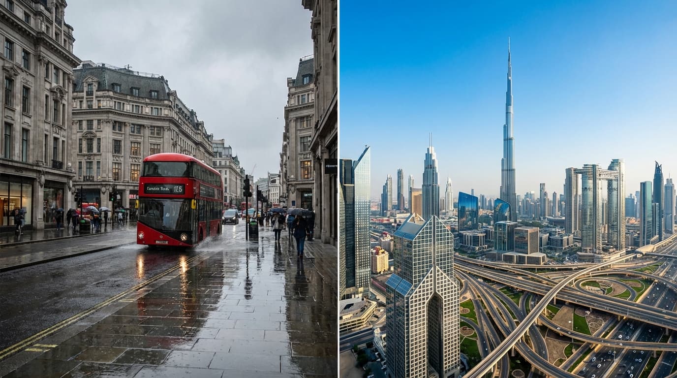 A split composition showing London's rainy skyline and Dubai's sunny Burj Khalifa