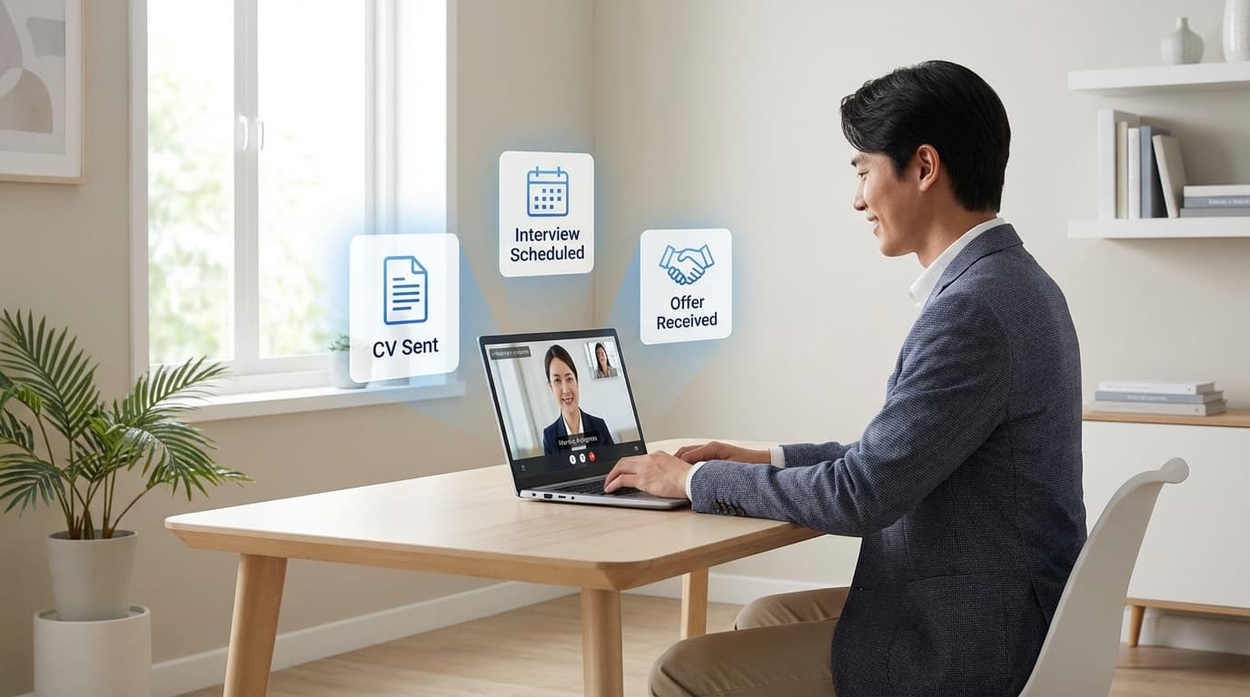 A job seeker using a laptop for remote interviews and job automation
