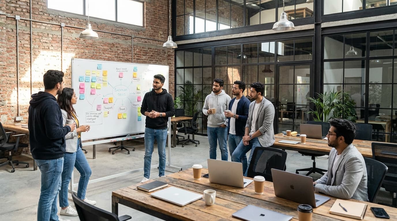 Creative team collaborating in an open-plan workspace in Al Quoz