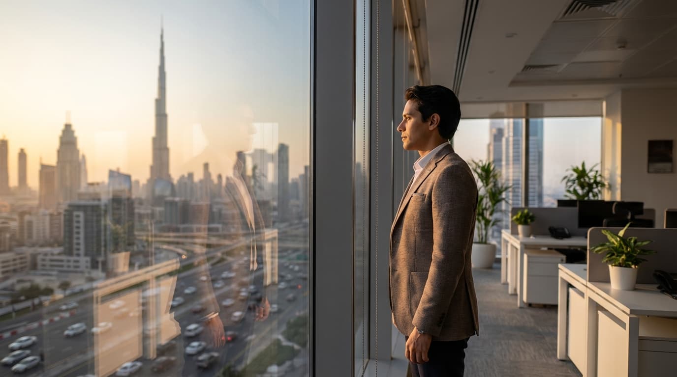 Professional looking at Dubai skyline thinking about career change