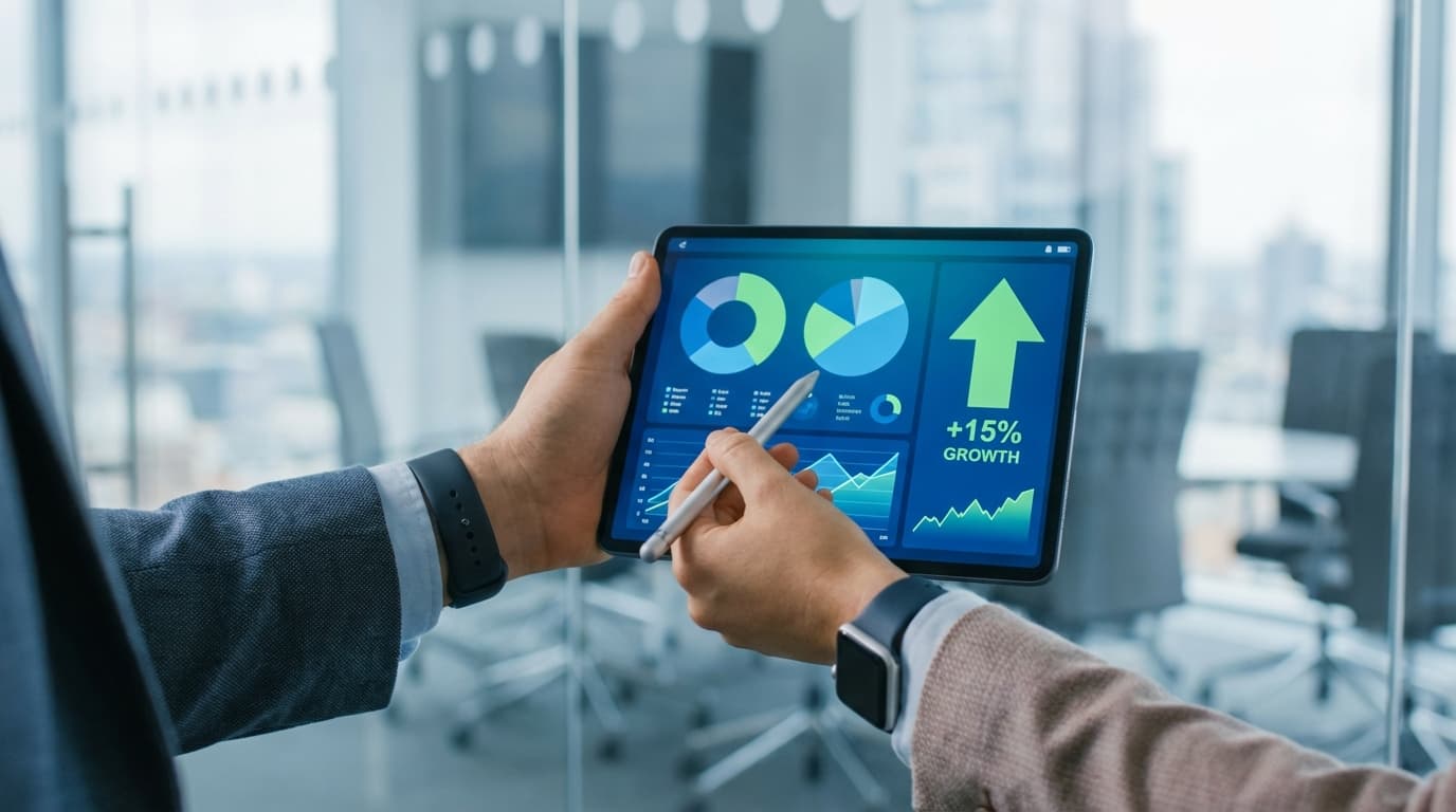 A close-up of a digital tablet showing business analytics dashboards with green growth arrows.