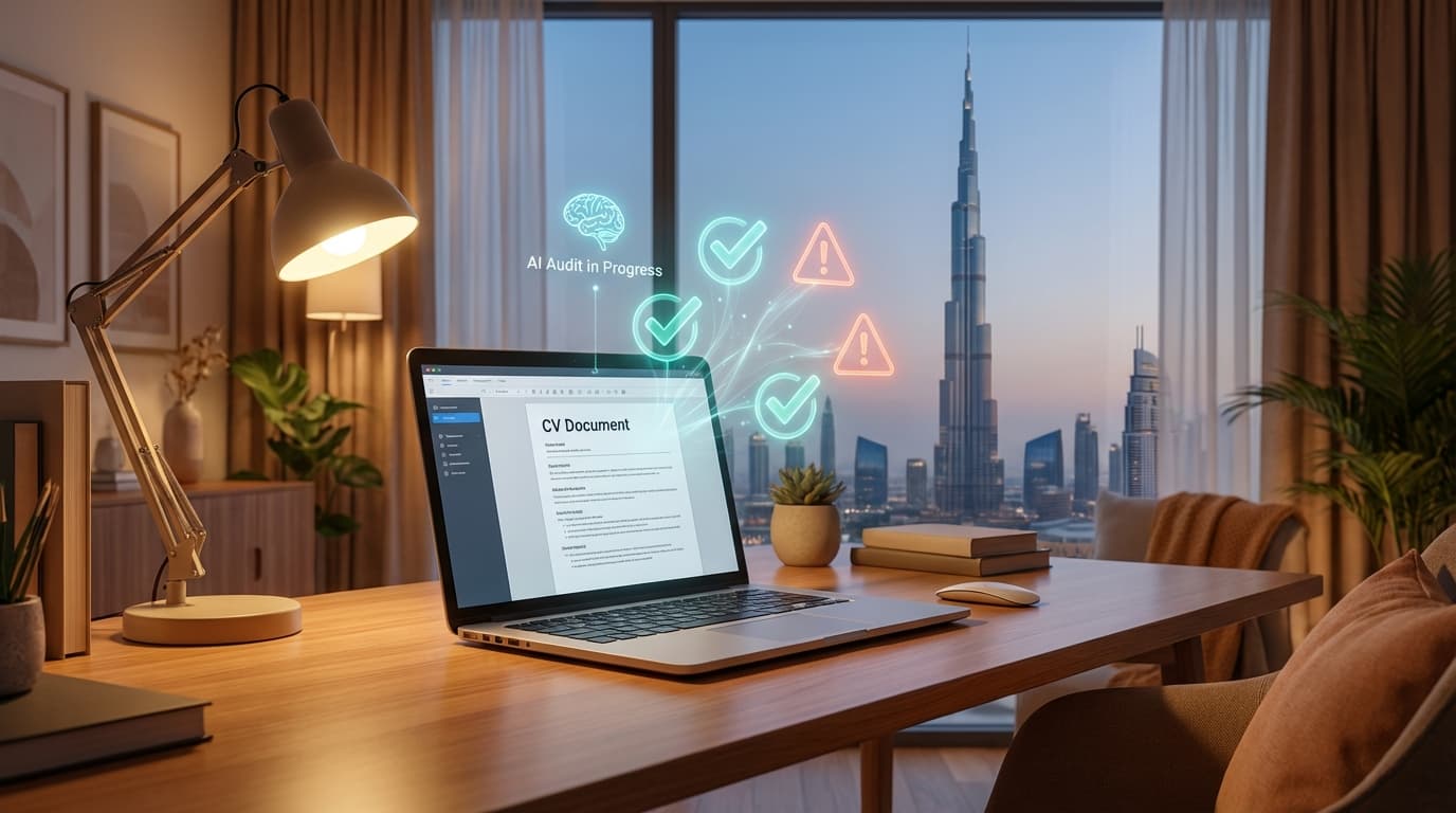 A professional analyzing a resume on a laptop with holographic audit checkpoints.