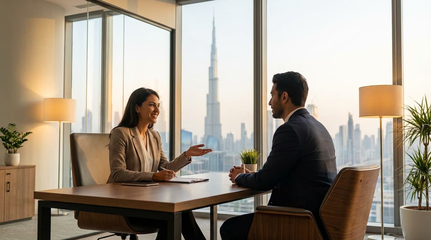 Professional interview setting in a high-rise Dubai office