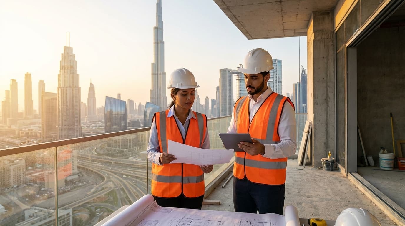 Civil engineers reviewing blueprints at a Dubai construction site