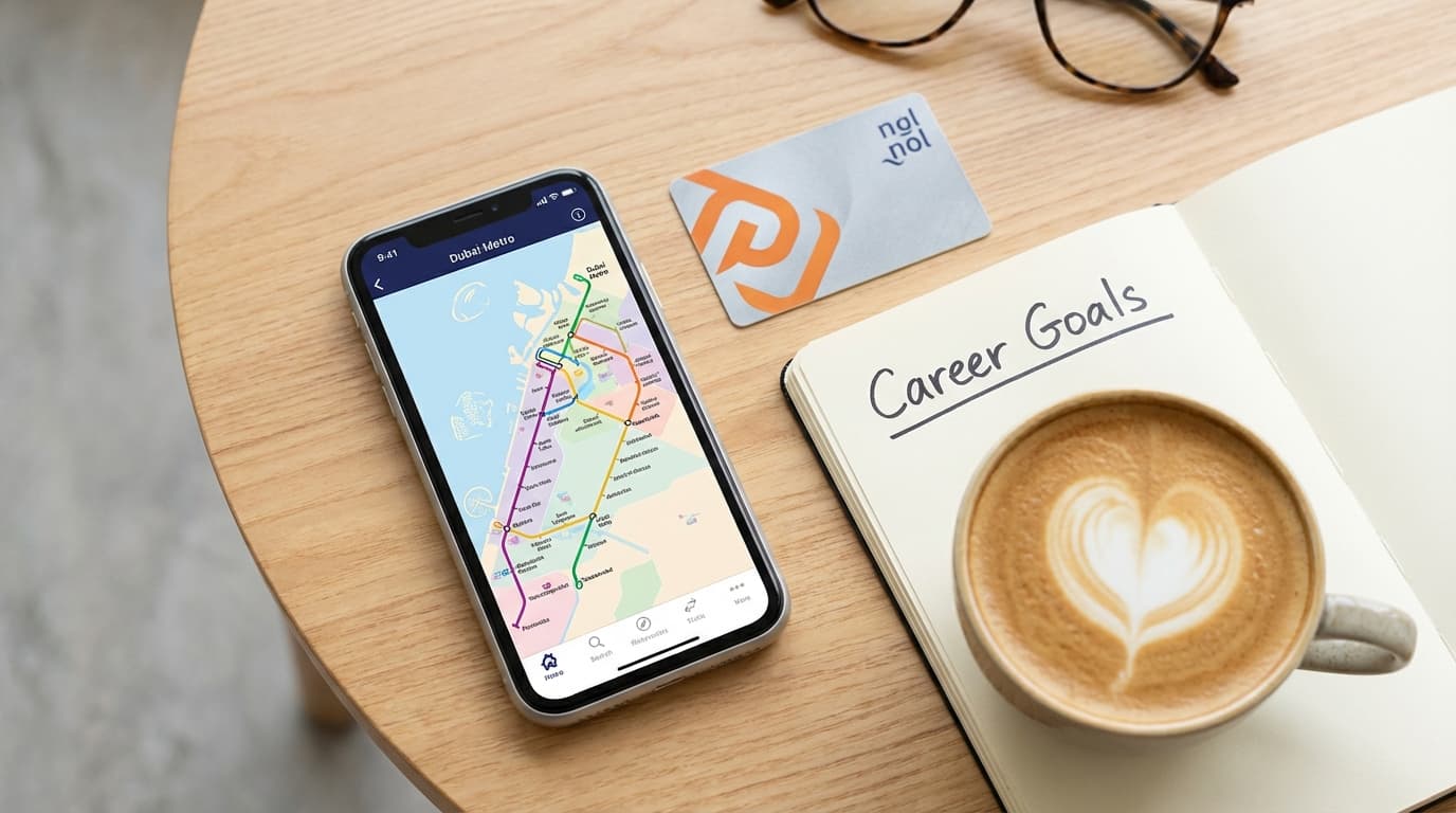 Close up of a smartphone with a map app and a metro card in Dubai