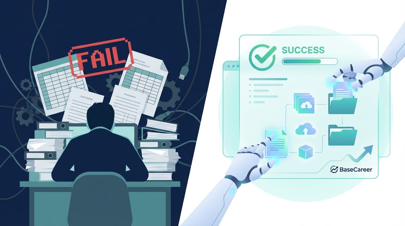 Frustrated job seeker looking at messy papers and older software interfaces