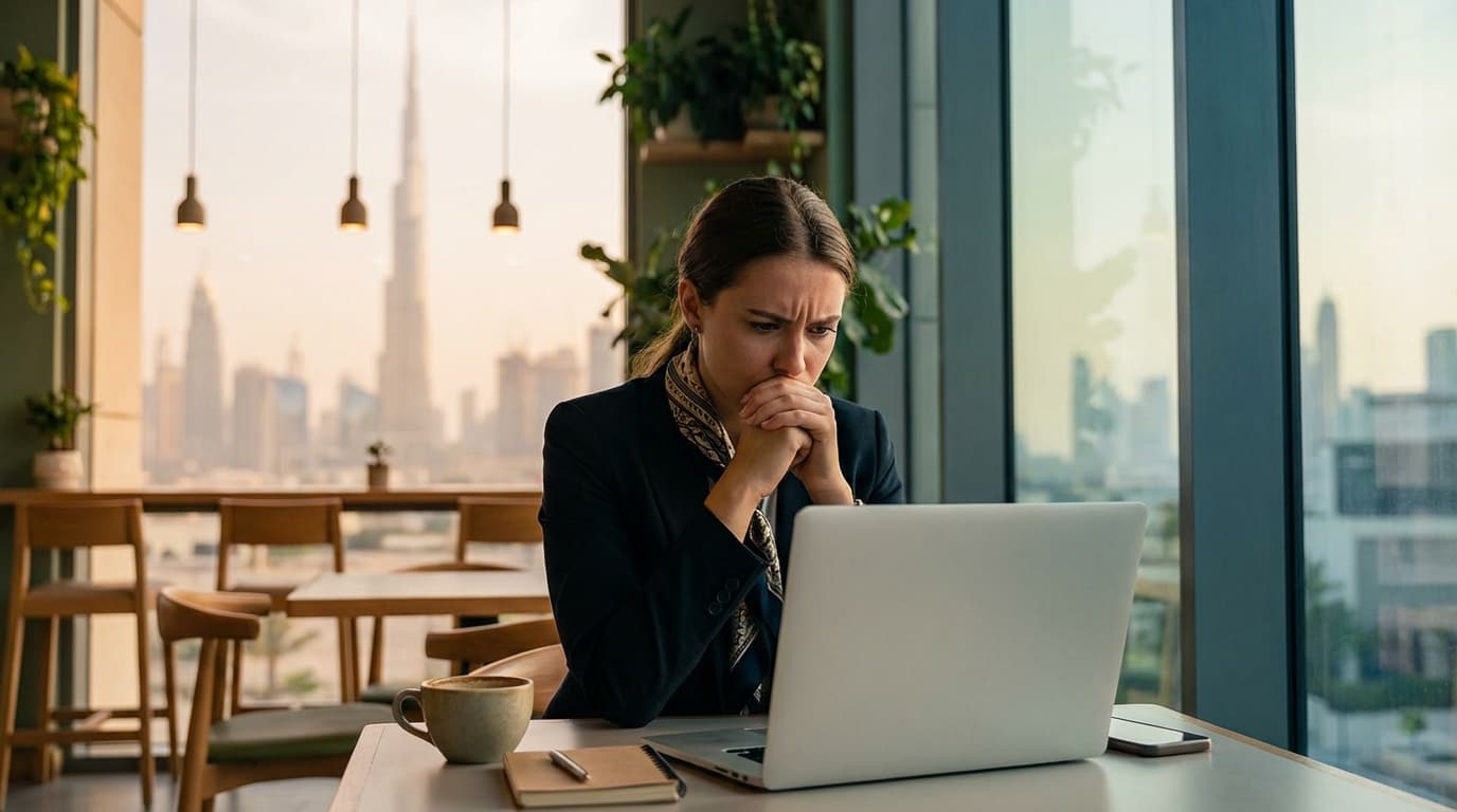 A frustrated creative professional looking at a laptop screen in a Dubai cafe