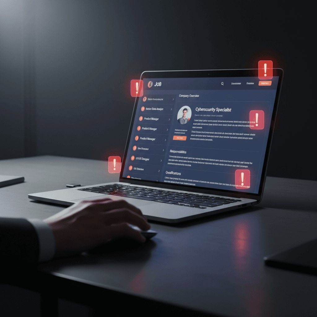 A job seeker analyzing a suspicious job listing on a laptop screen with red warning icons floating nearby.