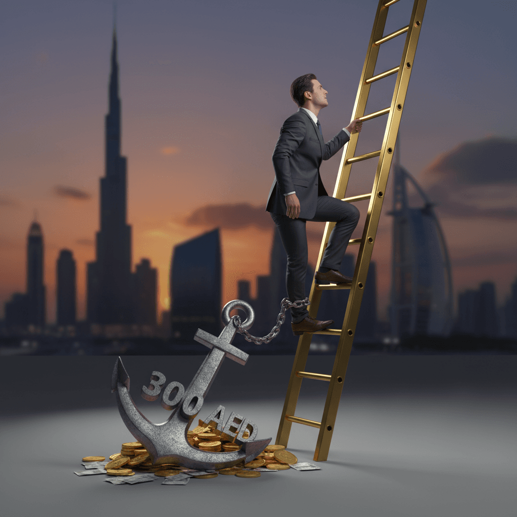 Concept art of a salary anchor holding back a career ladder