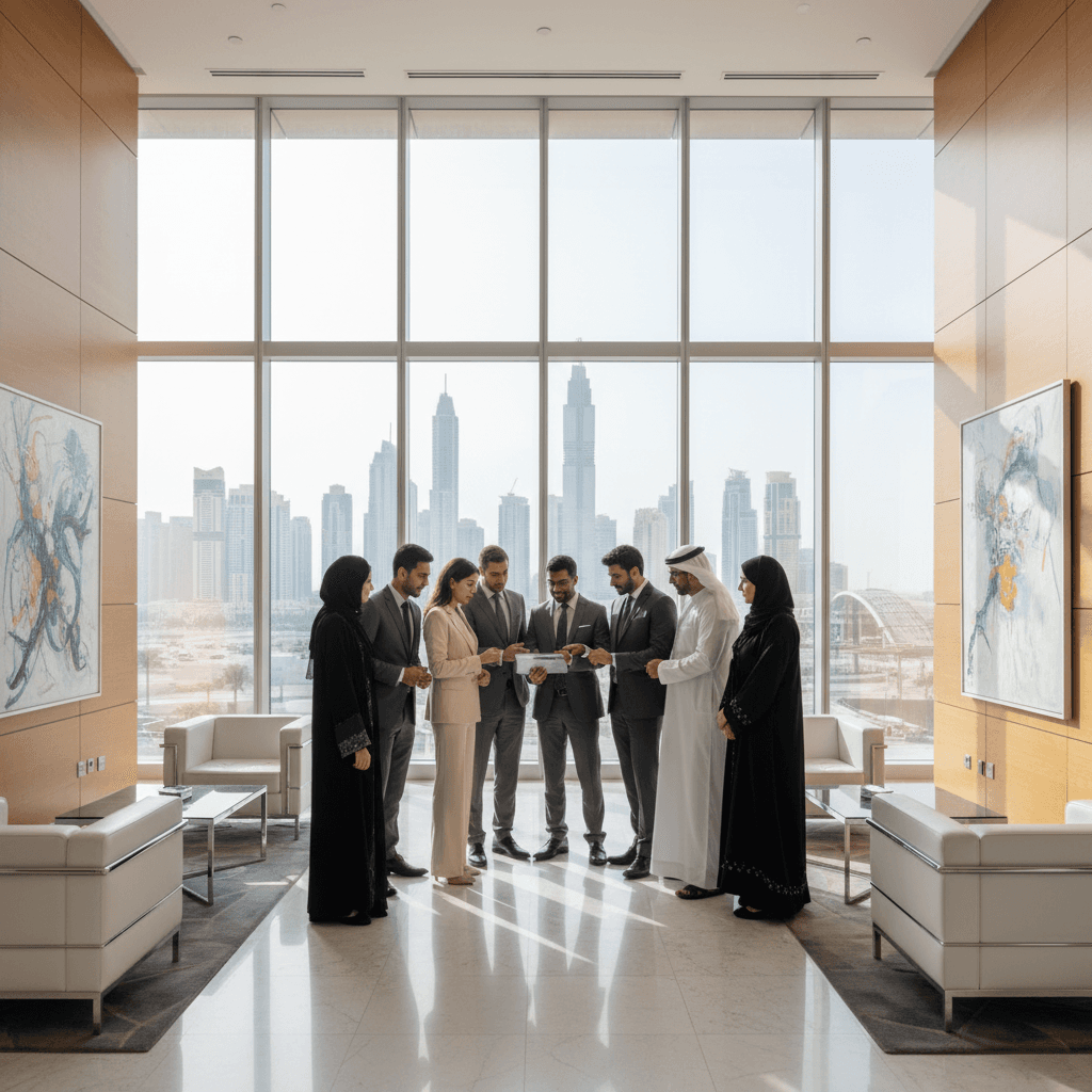 Diverse group of business people networking in a modern Dubai office lobby