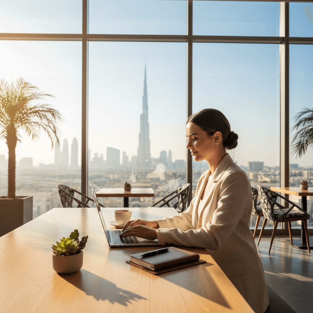 Professional using a laptop in a Dubai cafe