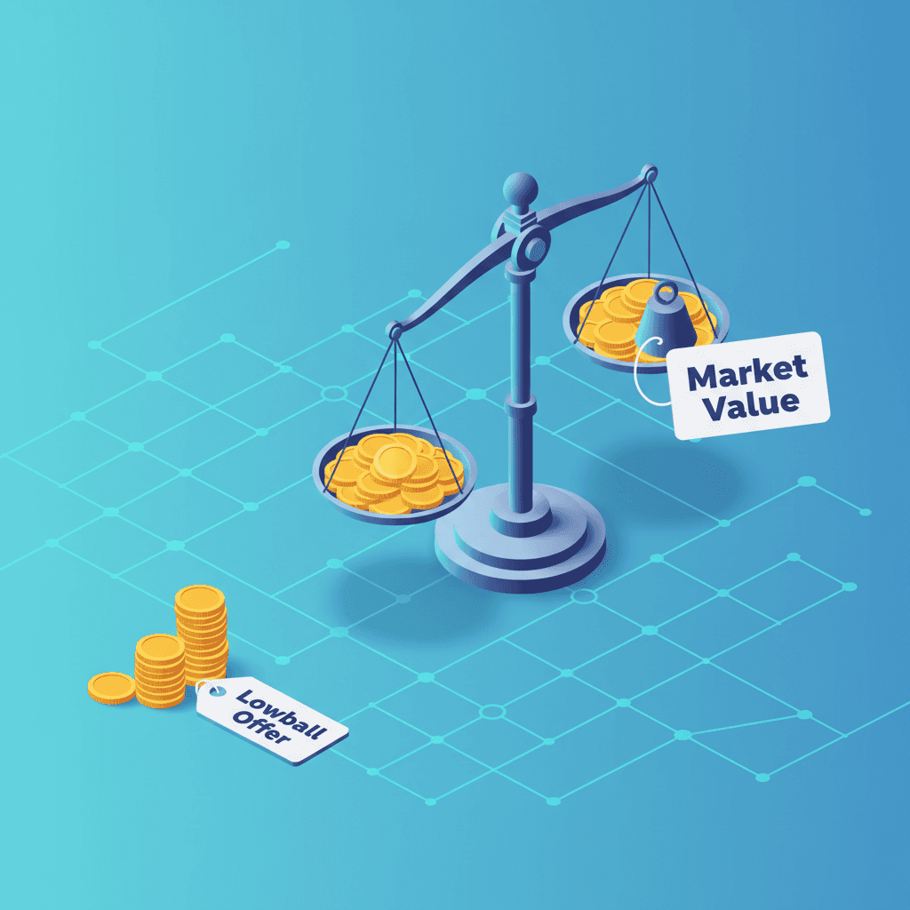 Graphic showing a salary scale comparison between lowball offers and market rates