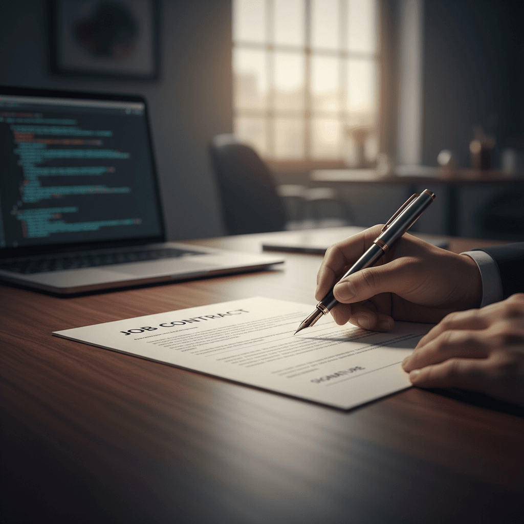 A professional signing a contract with a confident expression