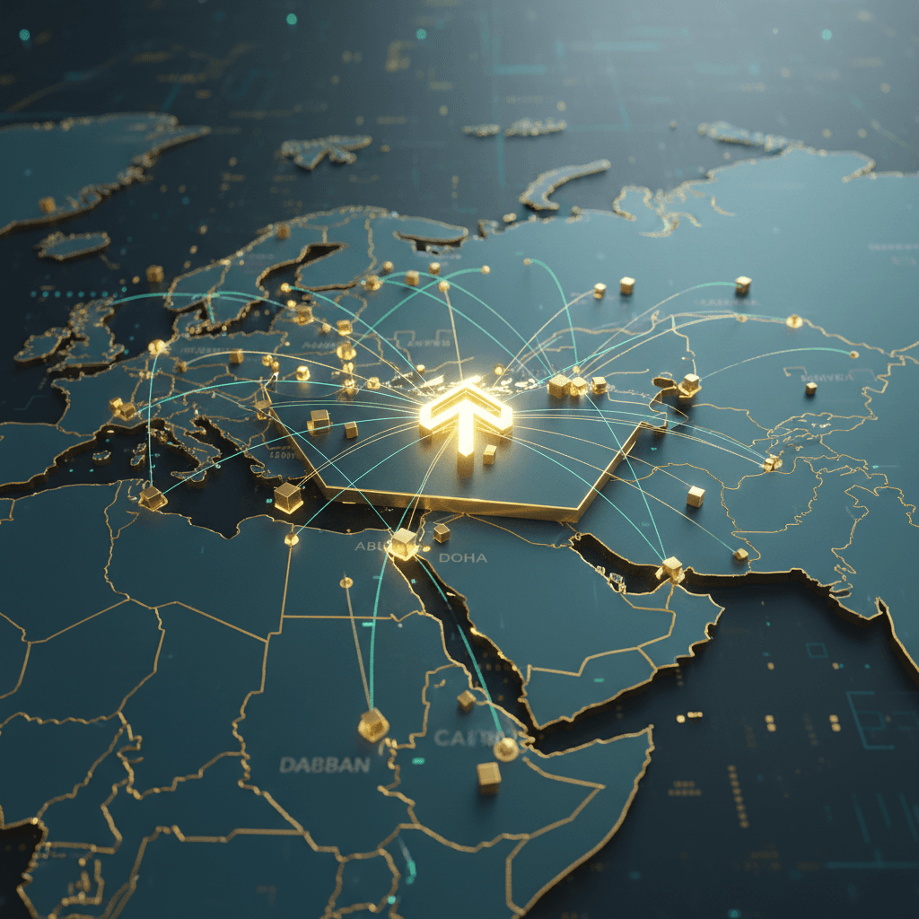 Abstract representation of digital networking connecting dots across a map of the Middle East