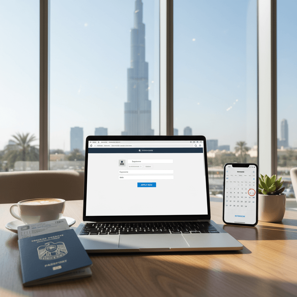 A laptop on a cafe table with a view of the Burj Khalifa in the background