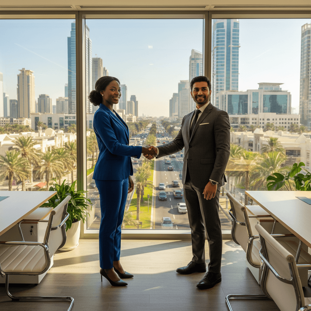 Business professionals shaking hands in a modern Dubai office
