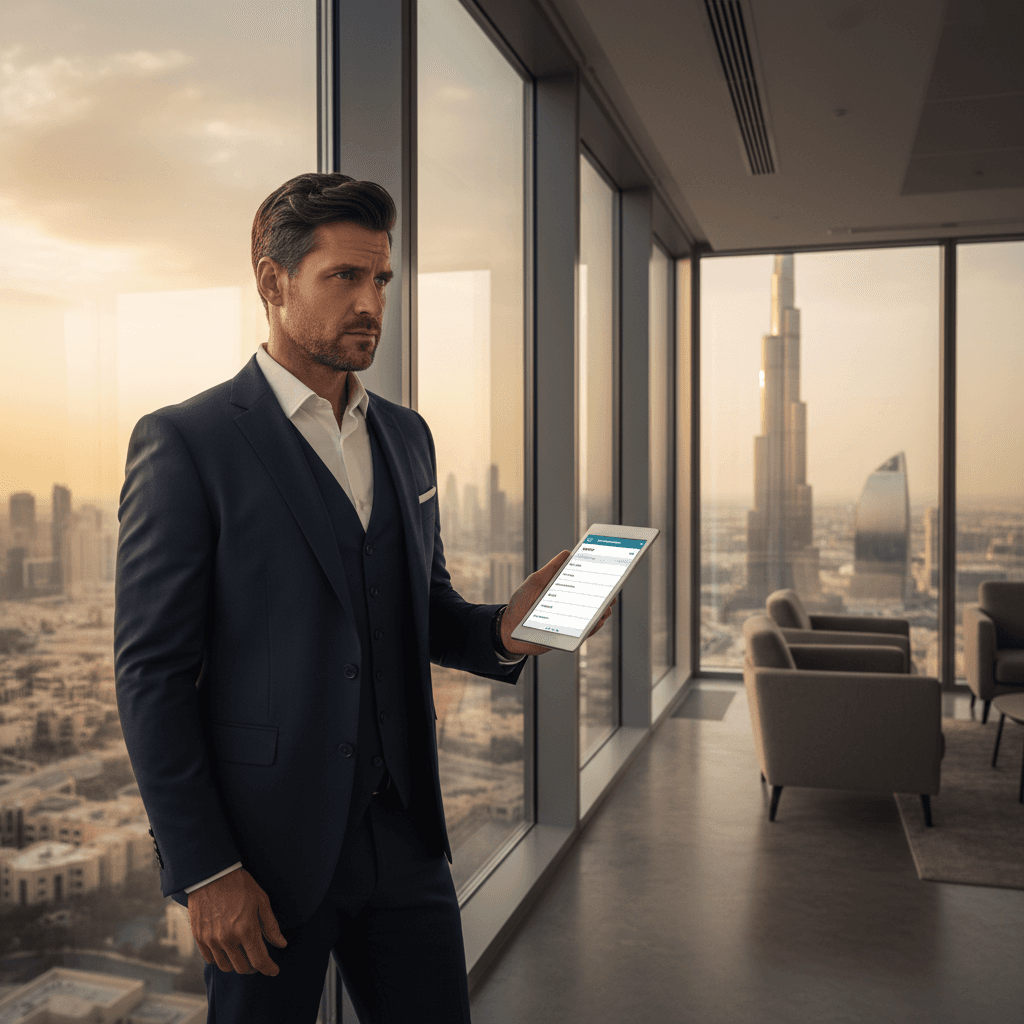 Frustrated finance professional looking at Dubai skyline