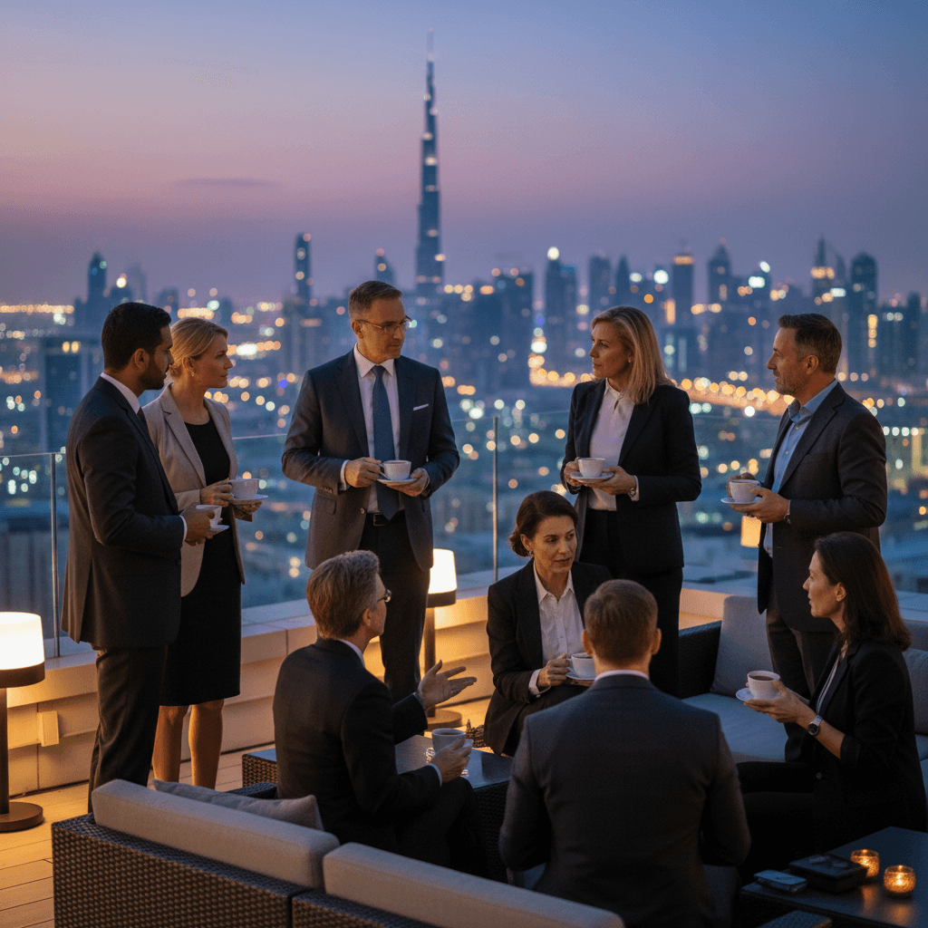 A group of professionals networking at a high-end Dubai venue