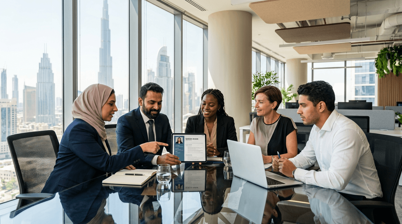 HR professionals in a Dubai office reviewing a candidate's resume