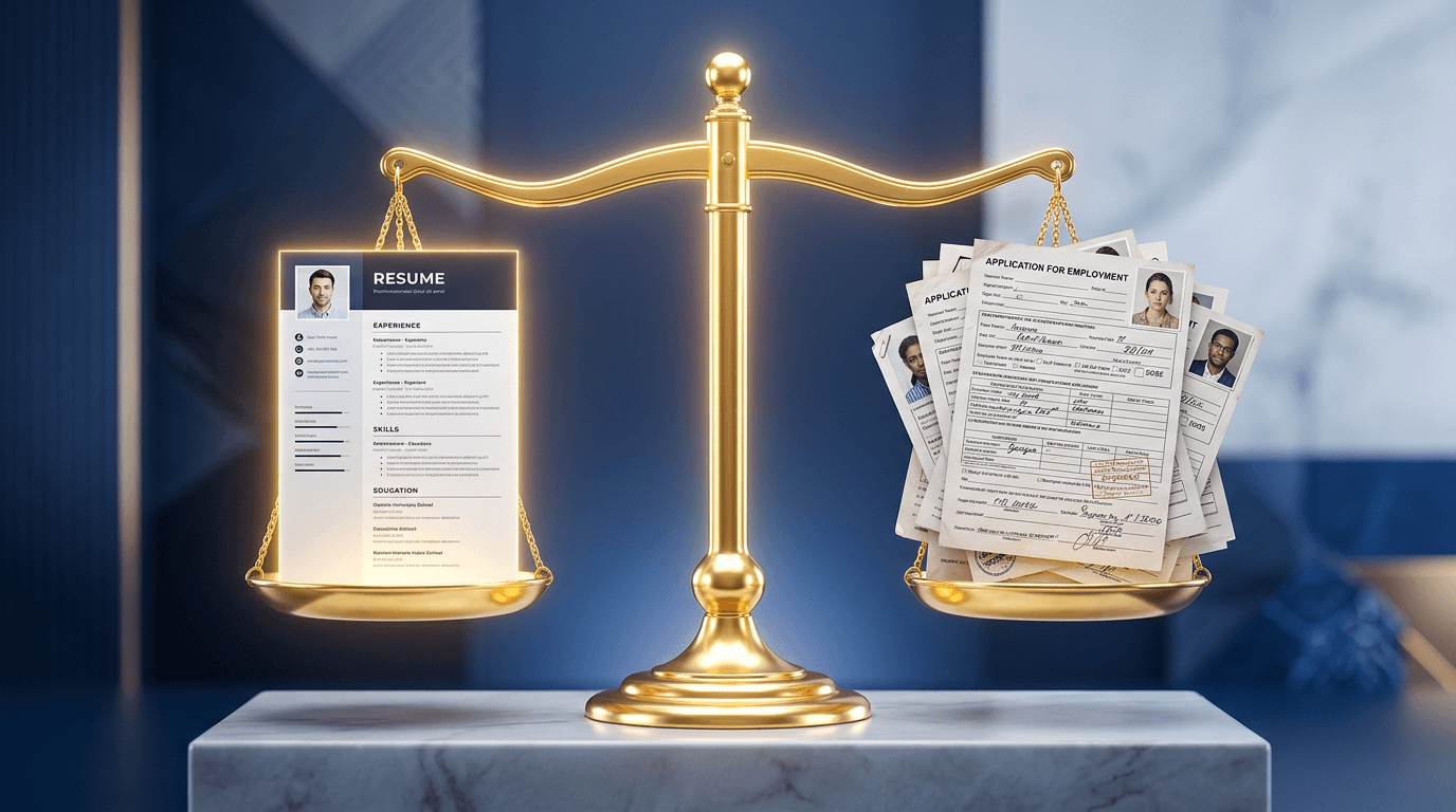 A scale balancing a modern minimalist resume with traditional application forms